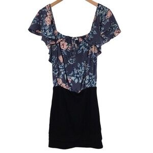 Pencey Dress Womens 0 Purple Floral Silk Bodice Black Skirt Mini Flirty Ruffle